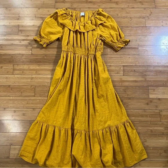 Universal Thread Marigold Cottagecore Midi Dress with Ruffles 100% Cotton - Picture 3 of 8